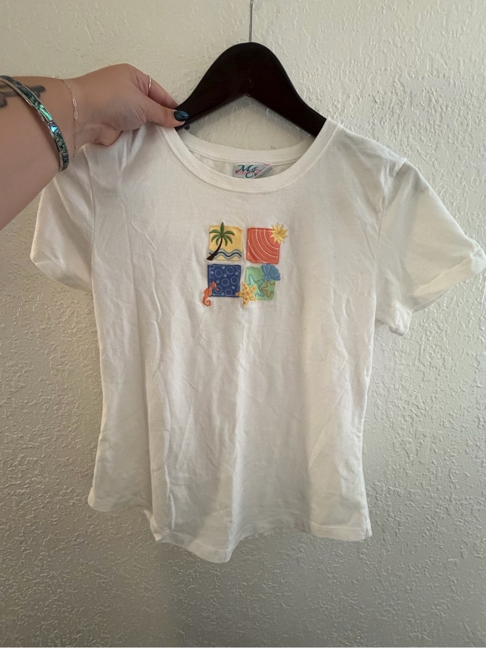 White Women’s Beach Embroidered Graphic Tee